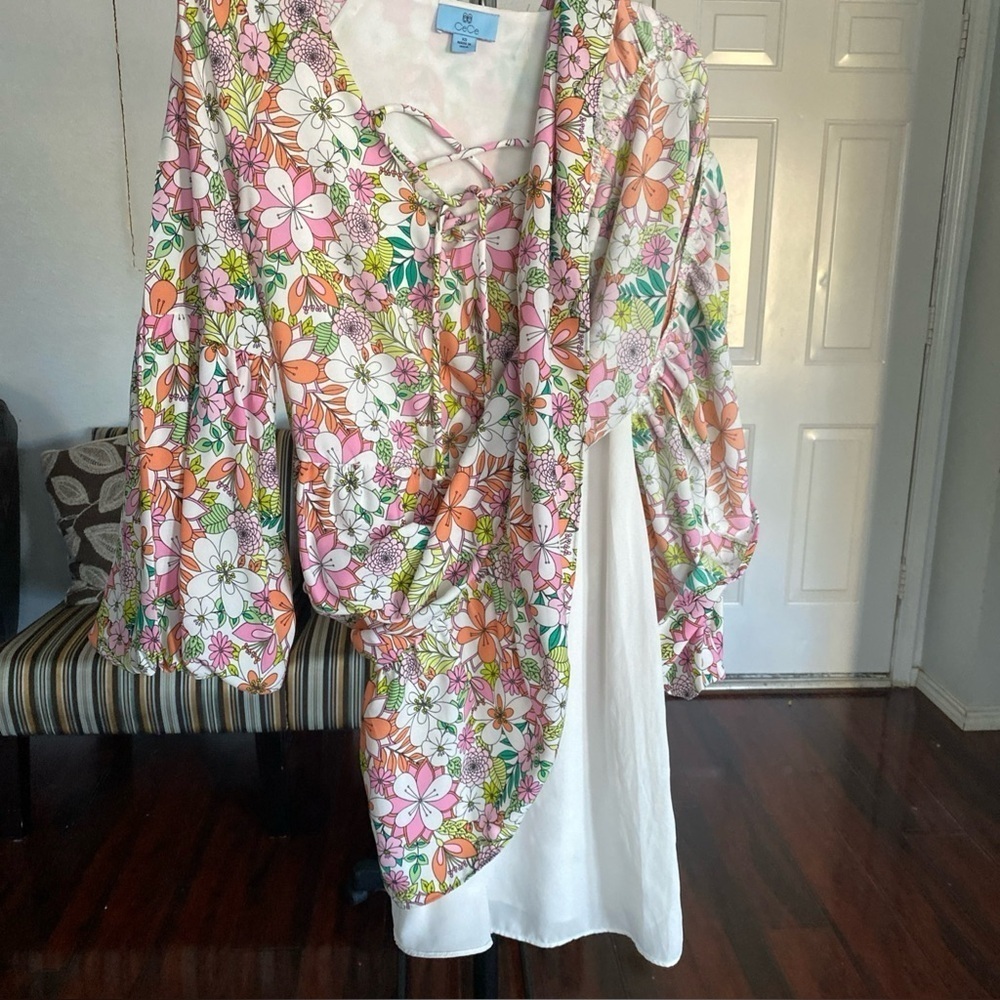 CeCe Floral Printed Lace-Up Tiered Dress S XS Balloon Sleeve Lined boho  W-21 - Picture 7 of 8